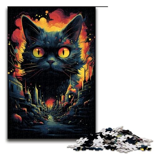 Puzzle für Erwachsene 1000 Teile seltsame psychedelische kleine Schwarze Katze Puzzlespiel lustiges Spielzeug 75 x 50 cm von linghhiming
