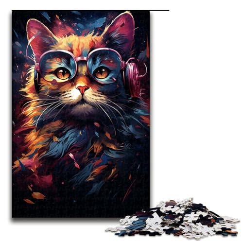 Puzzle für Erwachsene Bunte Fantasiekatze mit Brille 1000-teiliges Holzpuzzle für Erwachsene und Kinder ab 14 Jahren 1000 Teile (75 x 50 cm) von linghhiming