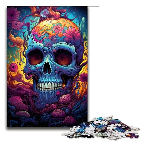 Puzzle für Erwachsene Bunte Zeichnung eines Totenkopfes 1000-teiliges Holzpuzzle für Kinder ab 14 Jahren Lernspielzeug 1000 Teile (75 x 50 cm) von linghhiming