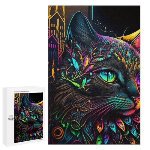 Puzzle für Erwachsene Neonkatze 1000 teiliges Holzpuzzle für Kinder ab 12 Jahren Lernspielzeug (75 x 50 cm) von linghhiming