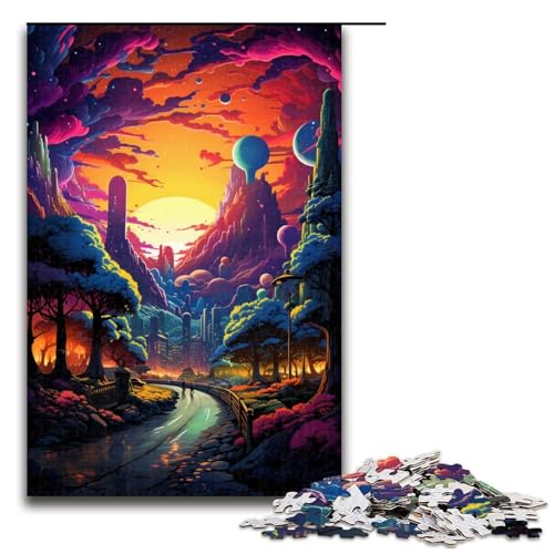 Puzzle für Erwachsene Neonlandschaft farbenfroh psychedelisch 1000 Teile Holzpuzzle für Kinder ab 14 Jahren Lernspielzeug 1000 Teile (75 x 50 cm) von linghhiming