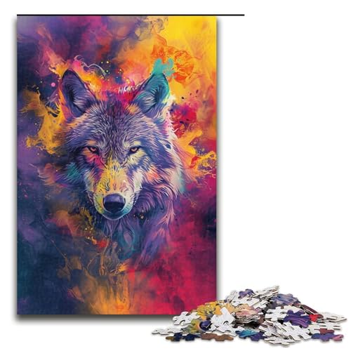 Puzzle für Erwachsene Psychedelischer farbenfroher Sternenwolf 1000 teiliges Holzpuzzle für Familienspiele 1000 Teile (75 x 50 cm) von linghhiming