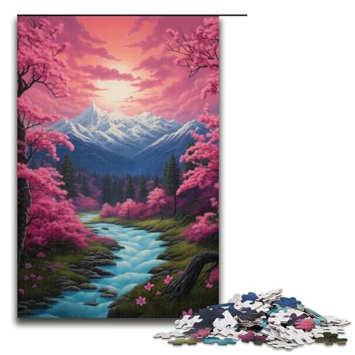 Puzzle für Erwachsene Sakura und japanische Berge 1000 teiliges Holzpuzzle für Kinder ab 14 Jahren Heimdekoration 75 x 50 cm von linghhiming