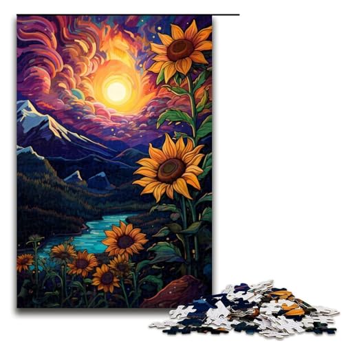Puzzle für Erwachsene Sonnenblumen unter Nachtlicht 1000 Teile Holzpuzzle für Erwachsene und Kinder ab 14 Jahren 75 x 50 cm von linghhiming