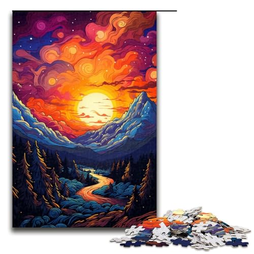 Puzzle für Erwachsene farbenfroh psychedelisch Aurora Sonnenuntergang Berge 1000 Teile Puzzle tolles Geschenk geeignet für Teenager ab 14 Jahren (Größe 75 x 50 cm) von linghhiming