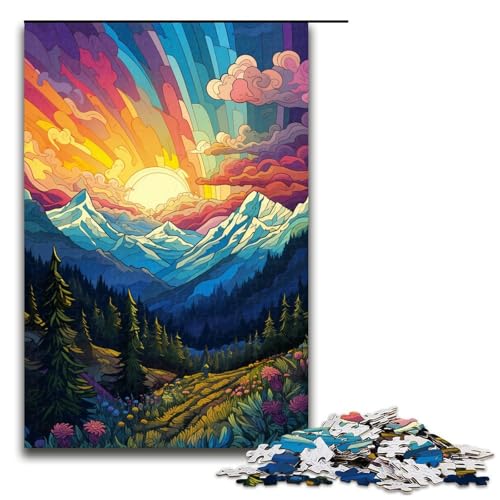 Puzzle für Erwachsene farbenfrohe psychedelische Berge 1000 teiliges Holzpuzzle für Kinder ab 14 Jahren Heimdekoration (Größe 75 x 50 cm) von linghhiming
