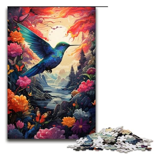 Puzzle für Erwachsene farbenfrohe psychedelische Farbe eines süßen Kolibris 1000 teiliges Holzpuzzle für Kinder ab 14 Jahren Lernspielzeug (Größe 75 x 50 cm) von linghhiming