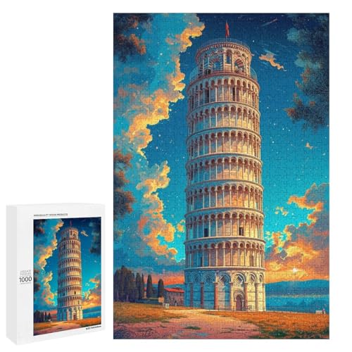 Puzzle für Erwachsene farbenfroher Schiefer Turm von Pisa 1000 Teile Holzpuzzle für Erwachsene und Kinder ab 12 Jahren 75 x 50 cm von linghhiming