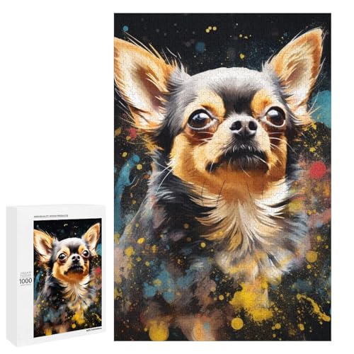 für Erwachsene Puzzle Bunte Kunst Chihuahua 1000 teiliges Holzpuzzle für Erwachsene und Kinder ab 12 Jahren 75 x 50 cm von linghhiming