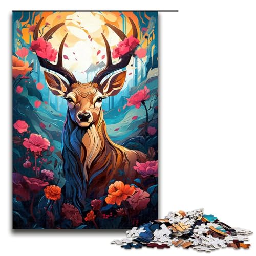 Puzzle für Erwachsene farbenfrohes psychedelisches Hirschtier 1000 teiliges Holzpuzzle für Kinder ab 14 Jahren Lernspielzeug (Größe 75 x 50 cm) von linghhiming