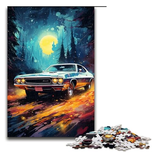 Puzzle für Erwachsene farbenfrohes psychedelisches Neonauto mit Mond 1000 Teile tolles Geschenk geeignet für Teenager ab 14 Jahren (Größe 75 x 50 cm) von linghhiming
