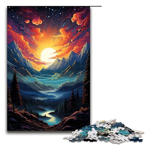 Puzzle für Erwachsene farbenfrohes psychedelisches Polarlicht Sonnenuntergang Berge 1000 teiliges Holzpuzzle für Familienspiele (Größe 75 x 50 cm) von linghhiming
