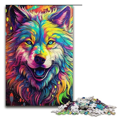 Puzzle für Erwachsene psychedelisches Farbgemälde Wolf 1000 teiliges Papierpuzzle für Kinder ab 14 Jahren Lernspielzeug 1000 Teile (38 x 26 cm) von linghhiming
