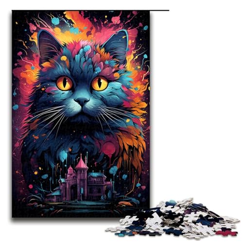 Puzzle für Erwachsene seltsame psychedelische kleine Schwarze Katze 1000 teiliges Holzpuzzle für Erwachsene und Kinder ab 14 Jahren 75 x 50 cm von linghhiming