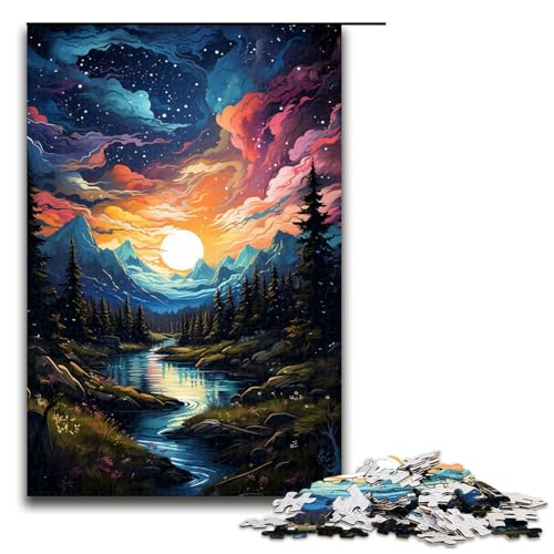 Puzzle mit 1000 Teilen für Erwachsene farbenfroh psychedelisch Aurora Sonnenuntergang Berge Puzzle Geschenk Geburtstagsgeschenk Geschenke für Teenager ab 14 Jahren (Größe 75 x 50 cm) von linghhiming