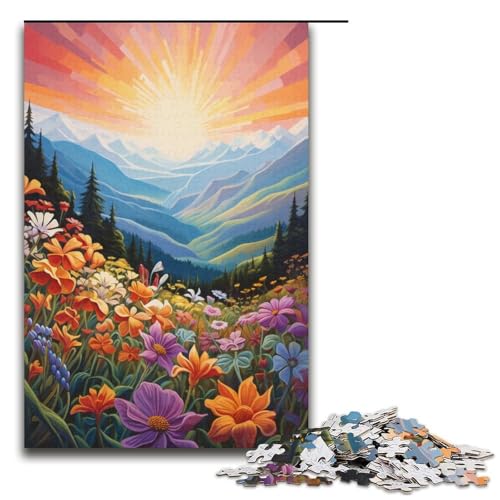 für Erwachsene 1000 teiliges Puzzle Berge und Wildblumen bei Sonnenuntergang schwieriges und anspruchsvolles Papierpuzzle 1000 Teile (38 x 26 cm) von linghhiming
