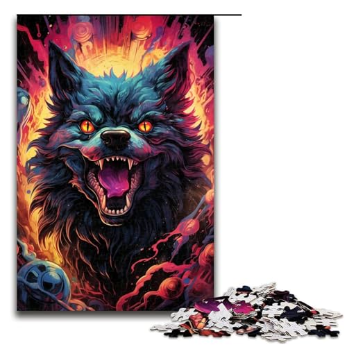 für Erwachsene 1000 teiliges farbenfrohes psychedelisches Puzzle mit bösem Hund aus der Zukunft schwieriges und anspruchsvolles Holzpuzzle für Erwachsene (Größe 75 x 50 cm) von linghhiming