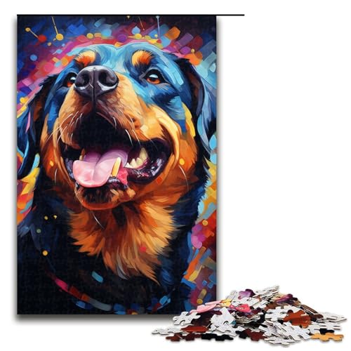 für Erwachsene 1000 teiliges farbenfrohes psychedelisches Rottweiler Puzzle für Erwachsene schwieriges und anspruchsvolles Holzpuzzle (Größe 75 x 50 cm) von linghhiming