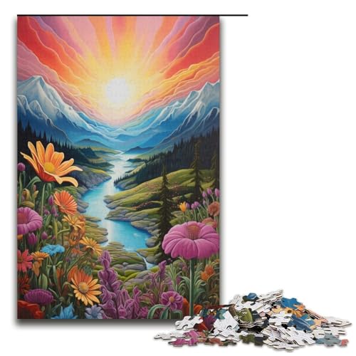 für Erwachsene Puzzle Berge und Wildblumen bei Sonnenuntergang 1000 teiliges Papierpuzzle für Erwachsene und Kinder ab 14 Jahren 1000 Teile (38 x 26 cm) von linghhiming