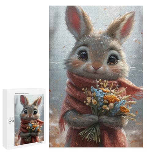 für Erwachsene Puzzle Hase mit Blumen 1000 Teile Holzpuzzle für Erwachsene und Kinder ab 12 Jahren 75x50cm von linghhiming