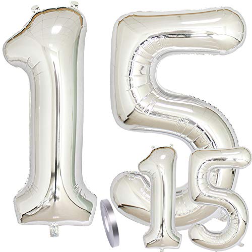 Luftballons Zahl 15. Geburtstag XXL Silber,Riesen Helium Folienballon Figuren in 2 Größen 40" & 16" | Set XXL 100cm + Mini 40cm Geburtstagsdeko | Vier Zahlen | Ideal 15. als Jahre Mädchen Junge Deko Luftballons Zahl 15. Geburtstag XXL Silber,Riesen Helium Folienballon Figuren in 2 Größen 40" & 16" | Set XXL 100cm + Mini 40cm Geburtstagsdeko | Vier Zahlen | Ideal 15. als Jahre Mädchen Junge Deko von linjinde