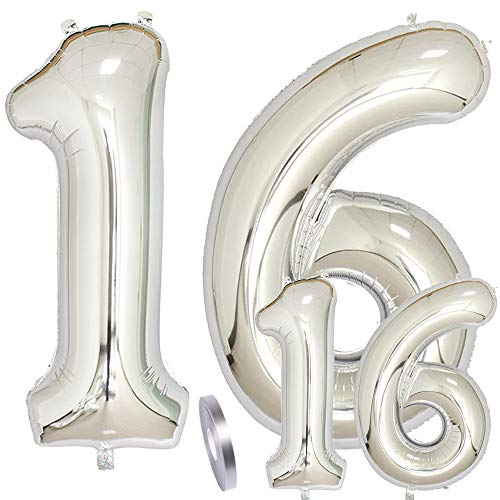 Luftballons Zahl 16. Geburtstag XXL Silber,Riesen Helium Folienballon Figuren in 2 Größen 40" & 16"| Set XXL 100cm+Mini 40cm Geburtstagsdeko | Vier Zahlen | Ideal Sweet 16 als Jahre Mädchen Junge Deko Luftballons Zahl 16. Geburtstag XXL Silber,Riesen Helium Folienballon Figuren in 2 Größen 40" & 16"| Set XXL 100cm+Mini 40cm Geburtstagsdeko | Vier Zahlen | Ideal Sweet 16 als Jahre Mädchen Junge Deko von linjinde
