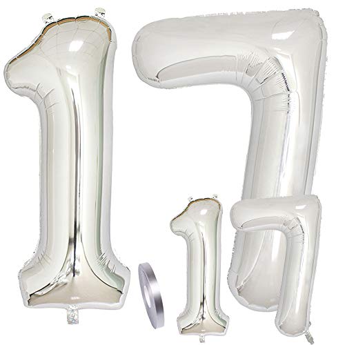 Luftballons Zahl 17. Geburtstag XXL Silber,Riesen Helium Folienballon Figuren in 2 Größen 40" & 16" | Set XXL 100cm + Mini 40cm Geburtstagsdeko | Vier Zahlen | Ideal 17. als Jahre Mädchen Junge Deko Luftballons Zahl 17. Geburtstag XXL Silber,Riesen Helium Folienballon Figuren in 2 Größen 40" & 16" | Set XXL 100cm + Mini 40cm Geburtstagsdeko | Vier Zahlen | Ideal 17. als Jahre Mädchen Junge Deko von linjinde