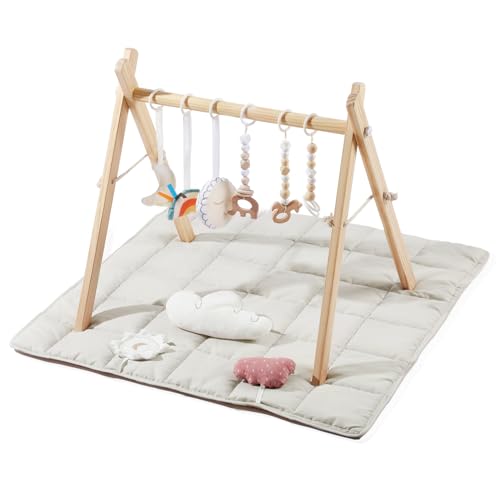 Baby-Fitnessstudio mit Matte, Holz-Spielstudio mit 9 sensorischen Spielzeugen, faltbares Baby-Spiel-GymFrame-Aktivitätszentrum, natürliches Kiefernholz, Montessori-Spielzeug, einfach zu montieren und von little dove