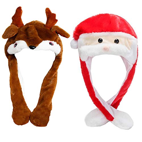 liuer 2 Stück Weihnachtsmütze,Plüsch Nikolausmütze Roter und Elchmütze Beweglichen Ohren Weihnachtsmützen für Erwachsene und Kinder für Weihnachts und Weihnachtsfeiern Weihnachtskonzert von liuer