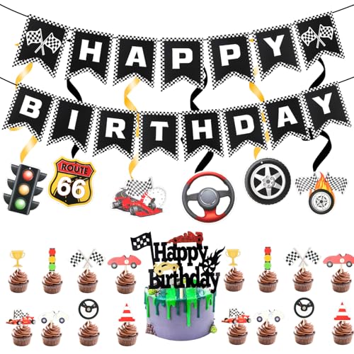 25-teiliges Rennwagen-Geburtstagsparty-Dekorationsset beinhaltet Rennwagen, Happy Birthday-Banner, Rennwagen-Geburtstag, Cupcake-Topper, Rennwagen-Girlande, hängende Wirbel, 25-teiliges Rennwagen-Geburtstagsparty-Dekorationsset beinhaltet Rennwagen, Happy Birthday-Banner, Rennwagen-Geburtstag, Cupcake-Topper, Rennwagen-Girlande, hängende Wirbel, von loghohu