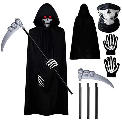 lomdung Sensenmann Kostüm, Reaper Kostüme Set, Halloween Umhang Set mit Totenkopfmaske, Glühhandschuhen und Sense, für Herren und Jungen, Halloween, gruseliger Geist, Cosplay, Maskerade lomdung Sensenmann Kostüm, Reaper Kostüme Set, Halloween Umhang Set mit Totenkopfmaske, Glühhandschuhen und Sense, für Herren und Jungen, Halloween, gruseliger Geist, Cosplay, Maskerade von lomdung