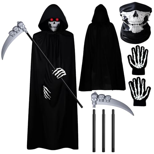 lomdung Sensenmann Kostüm, Reaper Kostüme Set, Halloween Umhang Set mit Totenkopfmaske, Glühhandschuhen und Sense, für Herren und Jungen, Halloween, gruseliger Geist, Cosplay, Maskerade lomdung Sensenmann Kostüm, Reaper Kostüme Set, Halloween Umhang Set mit Totenkopfmaske, Glühhandschuhen und Sense, für Herren und Jungen, Halloween, gruseliger Geist, Cosplay, Maskerade von lomdung