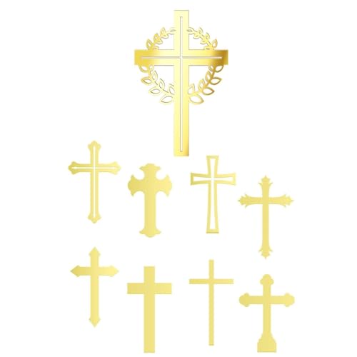 9 x christliche Kreuz-Kuchenaufsätze, Spiegel-Acryl, Kuchendekoration, goldfarbene Kreuzung, Taufdekoration für Baby-Topper, Show von lopjk