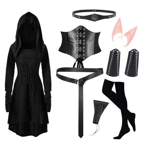 Mittelalter Kleid Damen, Gothic Kleid mit Kapuze Renaissance Halloween Kostüm Set mit Armschützern + Gürtel + Hüftschärpe + Kniestrümpfe + Elfenohren + Stirnband + Dreieckige Schwertscheide, Schwarz Mittelalter Kleid Damen, Gothic Kleid mit Kapuze Renaissance Halloween Kostüm Set mit Armschützern + Gürtel + Hüftschärpe + Kniestrümpfe + Elfenohren + Stirnband + Dreieckige Schwertscheide, Schwarz von lozssnigzi