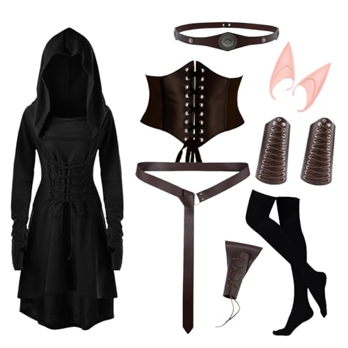 Wikinger Kostüm Damen, Gothic Kleid mit Kapuze Renaissance Halloween Kostüm Set mit Armschützern + Gürtel + Hüftschärpe + Kniestrümpfe + Elfenohren + Stirnband + Dreieckige Schwertscheide, Braun Wikinger Kostüm Damen, Gothic Kleid mit Kapuze Renaissance Halloween Kostüm Set mit Armschützern + Gürtel + Hüftschärpe + Kniestrümpfe + Elfenohren + Stirnband + Dreieckige Schwertscheide, Braun von lozssnigzi