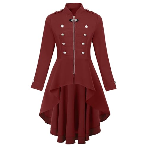 lozssnigzi Adventskalender Basteln, Frack Damen Lang Mittelalter Kostüm Frack Viktorianisches Steampunk Kostüm Gehrock Steampunk Cosplay Steampunk Jacke Rot Gothic Kleidung Renaissance Uniform von lozssnigzi