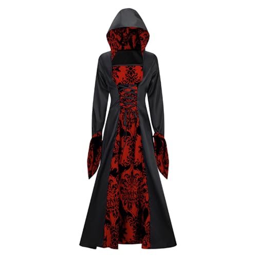 lozssnigzi Halloween Kostüm Damen, Vintage Bodenlangen Gebunden Taille Maxikleid mit Kapuze Prinzessin Abendkleider Renaissance Cosplay Dress Party Festlich Halloween Karneval Kostüm, Rot1, XXL von lozssnigzi