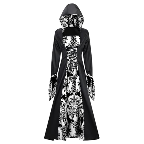 lozssnigzi Halloween Kostüm Damen, Vintage Bodenlangen Gebunden Taille Maxikleid mit Kapuze Prinzessin Abendkleider Renaissance Cosplay Dress Party Festlich Halloween Karneval Kostüm, Weiß, S von lozssnigzi