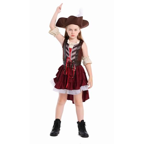 lozssnigzi Piratenkostüm Mädchen Halloween Kostüm Kinder Faschingskostüme Kinder Moderne Bayrische Dirndl-Sets Für Mädchen, Braun, 8-10 Jahre von lozssnigzi