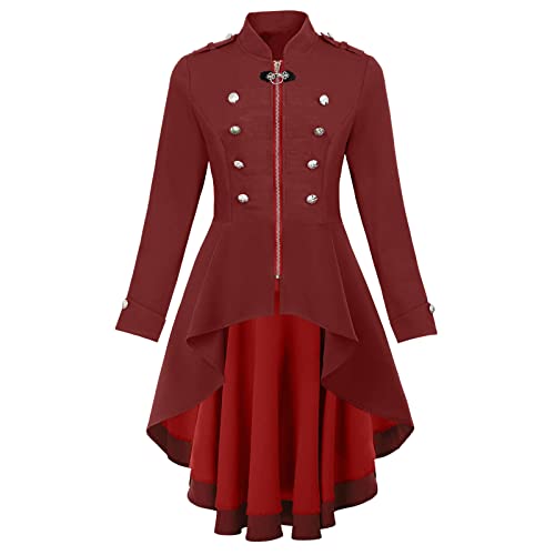 lozssnigzi ledermantel damen, Gothic Mantel Damen Lang Mittelalter Kostüm Frack Schwarzer Gothic Kleidung Rot Steampunk Jacke Schwarz Steampunk Gehrock Steampunk Kostüm Vintage Uniform von lozssnigzi