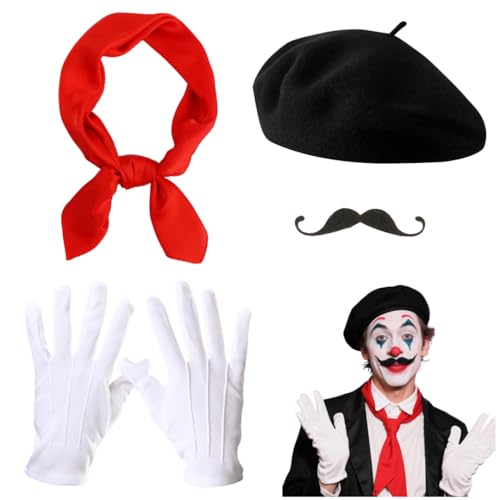 Halloween Mime Kostüm Set Schwarz Barett Französische Baskenmütze Txapela Rot Schal Bandana Weiße Handschuhe Fake Schnurrbart, Rot/Ausflug, einfarbig (Getaway Solids), Medium-Large von luchike