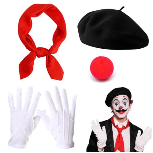 Halloween Mime Kostüm Set Schwarze Baskenmütze Französische Baskenmütze Txapela Roter Schal Bandana Weiße Handschuhe Rote Clownnase, Rot/Ausflug, einfarbig (Getaway Solids), Medium-Large von luchike