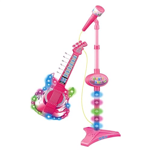 Gitarren- und Mikrofon-Set | Leuchtende Musikspielzeuggitarre mit Soundeffekten | Höhenverstellbares Mikrofon mit Ständer | Kompaktes Musikinstrumentenset für Kinder, oder Mädchen zur Verwendun von lwxij