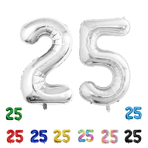 Geburtstags-Zahlenballons XXL-Riesen-Folienballons 40 Zoll – 101 cm Luftballons Geburtstag Jungen Mädchen Babyparty Geburtstagsdekorationen Jubiläumsparty-Dekorationen (Silber, 25) von lxmydm