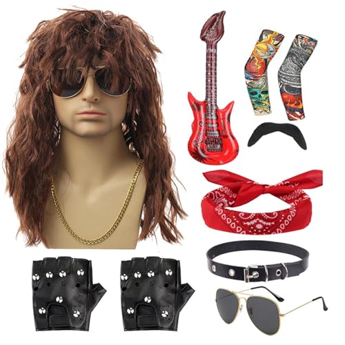 lyanny 10-teiliges 80er-Jahre-Kostüm-Set | 80er Jahre Punk Gothic Rock Kostümzubehör für Männer Frauen | mit Perücke, Stirnband, Kragen, Sonnenbrille, Handschuhen, Ärmeln, Bart, Gitarren-Requisiten von lyanny