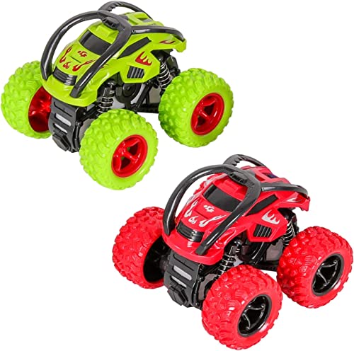 m zimoon Monster Trucks Spielzeug, Zurückziehen Trägheit Reibungsbetriebene Autos 360 Grad Rotierendes Geländewagen Spielzeugauto für 3-10 Jahre Alte Jungen Mädchen Kinder (2 Stück, Grün Rot) von m zimoon