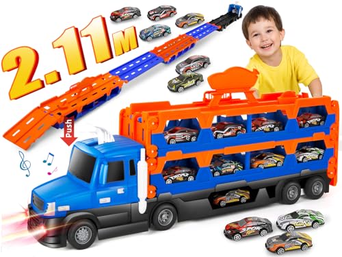 m zimoon Transport Truck Spielzeugauto für Jungen im Alter von 2, 3, 4, 5, 6 Jahren, Autotransporter Spielzeug Set mit Zwei 211 cm Spuren und 10 Rennautos, Geschenk für Jungen Mädchen 2-5 Jahre von m zimoon