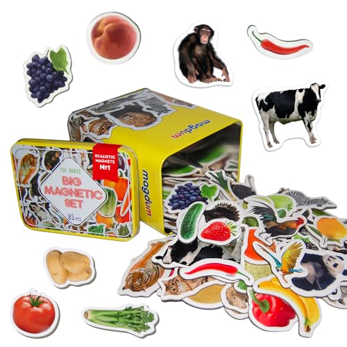 magdum 85 Zoo + BAUERNHOFTIERE + Obst + GEMÜSE Foto Magnete Kinder für magnettafel - Magnet Spielzeug Kinder - Kühlschrankmagnete Kinder -Spielzeug ab 3 Jahre - Lernspiele ab 3 Jahre - Kinder Magnete von magdum