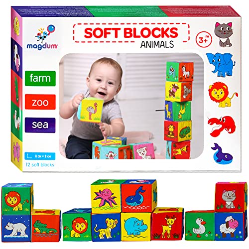 magdum 12 Spielwürfel Baby - Bausteine für Kinder ab 1 Jahr - Montessori Spielzeug ab 1 Jahr - Stapelsteine - Bauklötze - Stapelbecher Baby- Sensorik Stapelwürfel - Motorikwürfel ab 1 Jahr von magdum