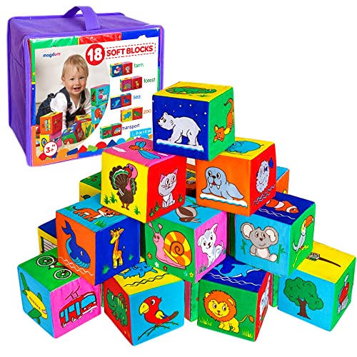 magdum 18 Spielwürfel Baby - Bausteine für Kinder ab 1 Jahr - Montessori Spielzeug ab 1 Jahr - Stapelsteine - Bauklötze - Stapelbecher Baby- Sensorik Stapelwürfel - Motorikwürfel ab 1 Jahr von magdum